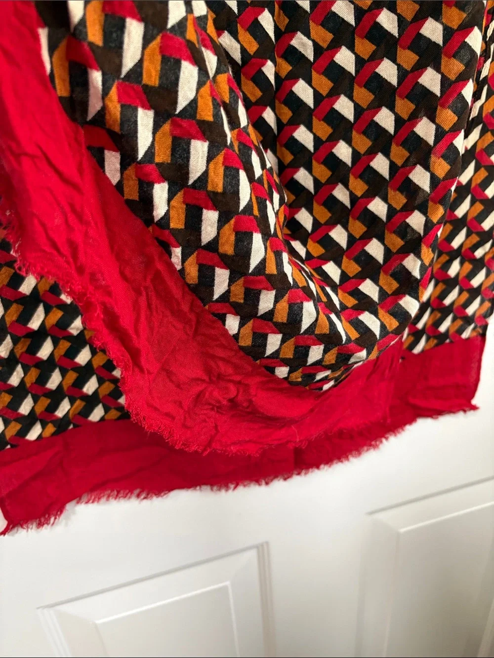 Geometric Print Scarf with Red Fringe
